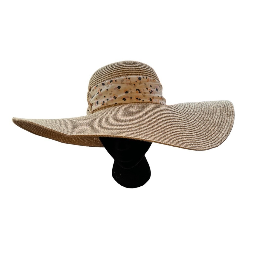 Tan Wide Brim Floppy Paper Blend Hat Women's One Size